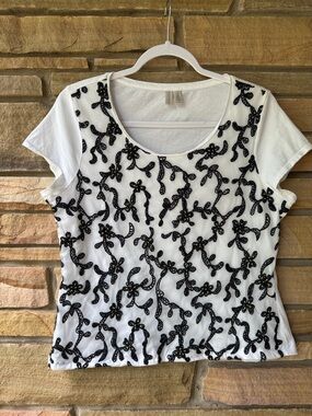 Madison White Short-Sleeve Tee with Black Embroidered Floral Design